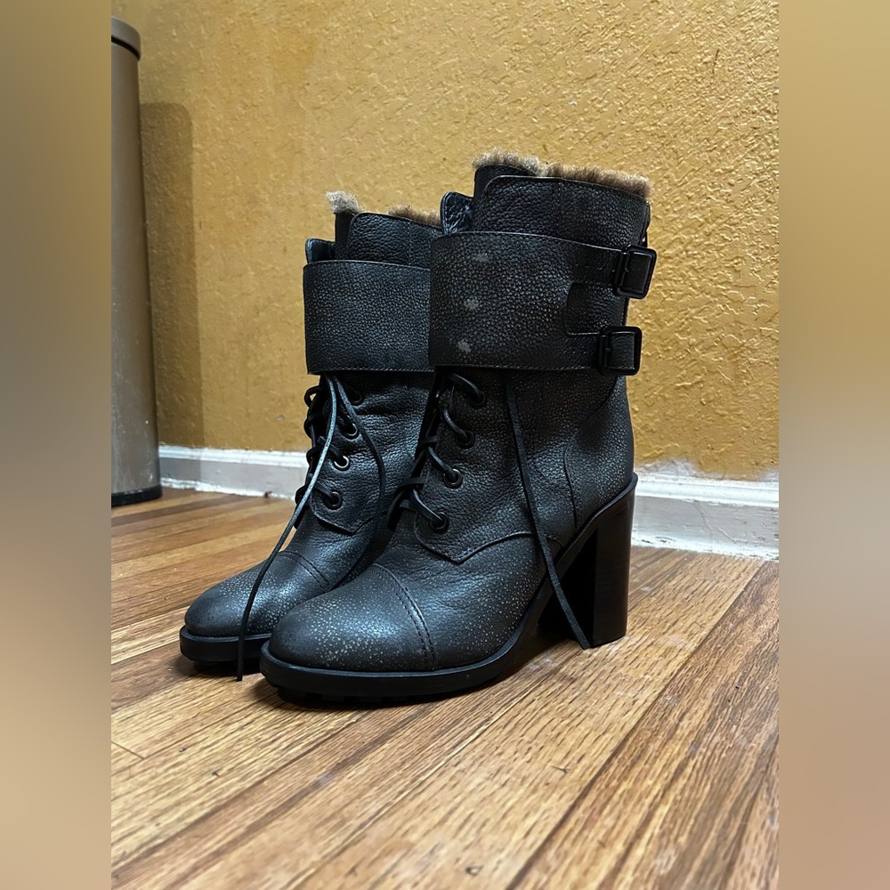 Tory Burch Gray Broome Combat Boots With Shearling Lining Women's - Picture 3 of 9